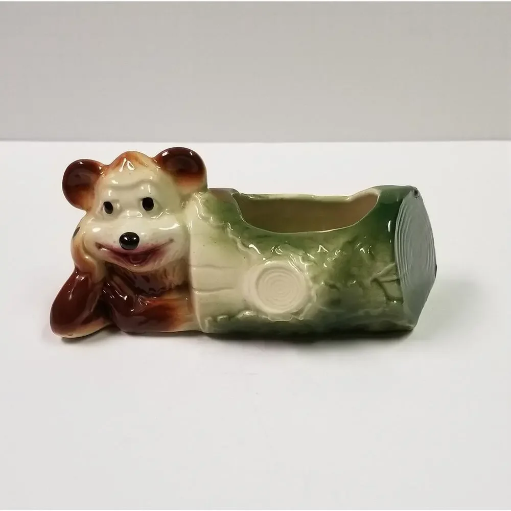 Vintage American Bisque Bear on Log Planter Mid Century 1950s Kitsch Ceramic Pot